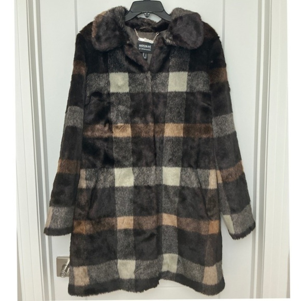 Dennis Basso Madison Avenue Faux Fur Plaid Coat Luxury Mink Jacket L MSRP $238